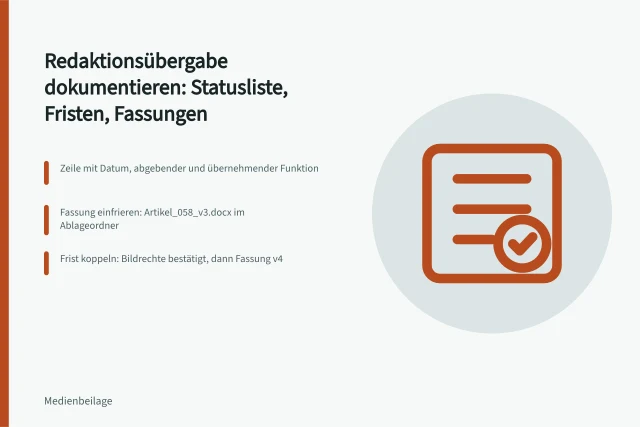 Statusliste mit Feldern für Übergabe, Fassung und Fälligkeit in der Redaktion. Übergaben in der Redaktion dokumentieren: Statusliste, Frist, Fassung